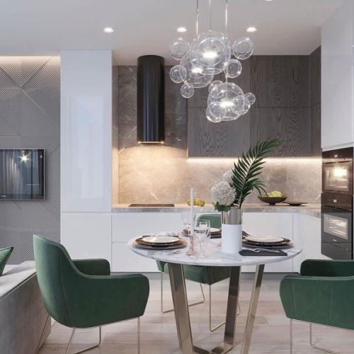 Роскошная кухня - гостиная с панорамным остеклением. 01