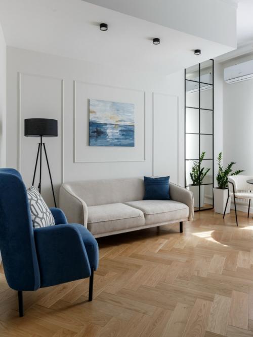 Интерьер однокомнатной квартиры сложной планировки 36 м 2 в ЖК олимпийская деревня в Москве. 06