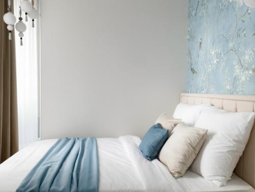 Интерьер однокомнатной квартиры сложной планировки 36 м 2 в ЖК олимпийская деревня в Москве. 09