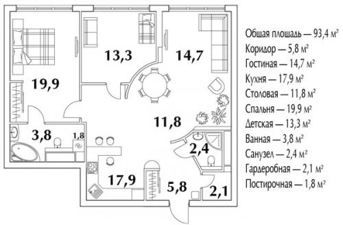 Индивидуальное отражение.  Дизайн - проект современной функциональной квартиры 93, 4 кв. 05