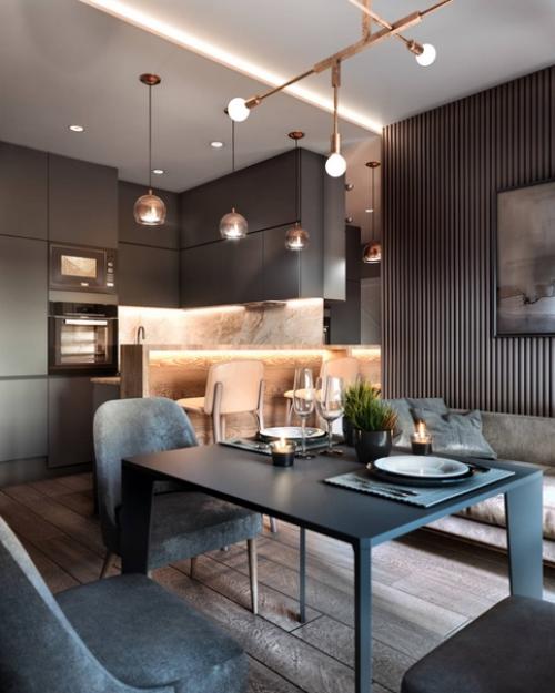 Современный, стильный интерьер кухни - гостиной. 02