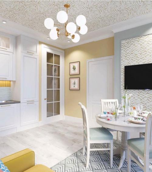 Интерьер кухни - гостиной в нейтральных тонах. 03