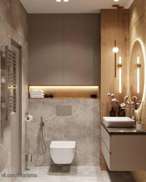 Ванная комната.  В данном проекте было принято решение по смешиванию холодной текстуры мрамора с теплой текстурой дерева! 01