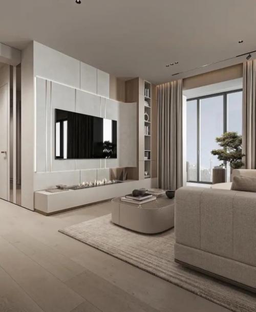 Потрясающий бежевый интерьер кухни - гостиной с маленьким золотыми акцентами. 03