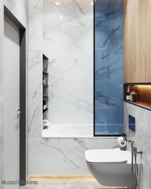 Ванная комната.  В данном проекте было принято решение по смешиванию холодной текстуры мрамора с теплой текстурой дерева! 09