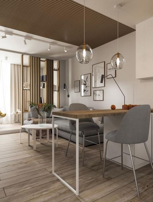 Современный, актуальный, комфортный и легкий интерьер кухни - гостиной в квартире молодой женщины. 03