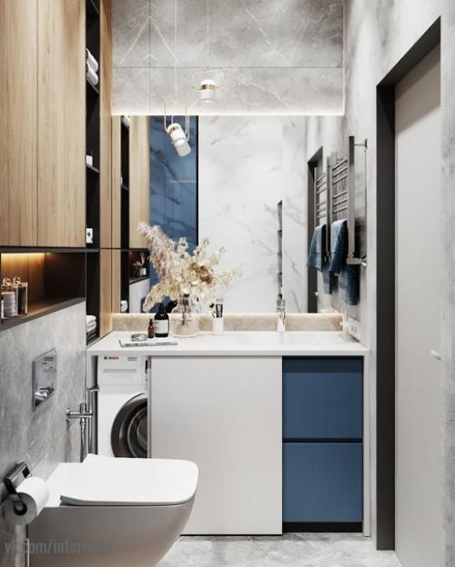 Ванная комната.  В данном проекте было принято решение по смешиванию холодной текстуры мрамора с теплой текстурой дерева! 07