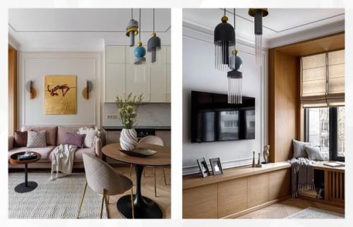 На небольшом пространстве дизайнеру удалось разместить гостиную с открытой кухней, спальню, а также ванную комнату. 04