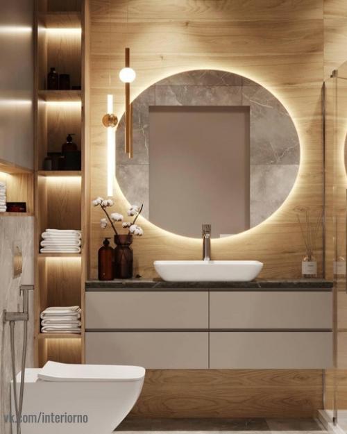 Ванная комната.  В данном проекте было принято решение по смешиванию холодной текстуры мрамора с теплой текстурой дерева! 02