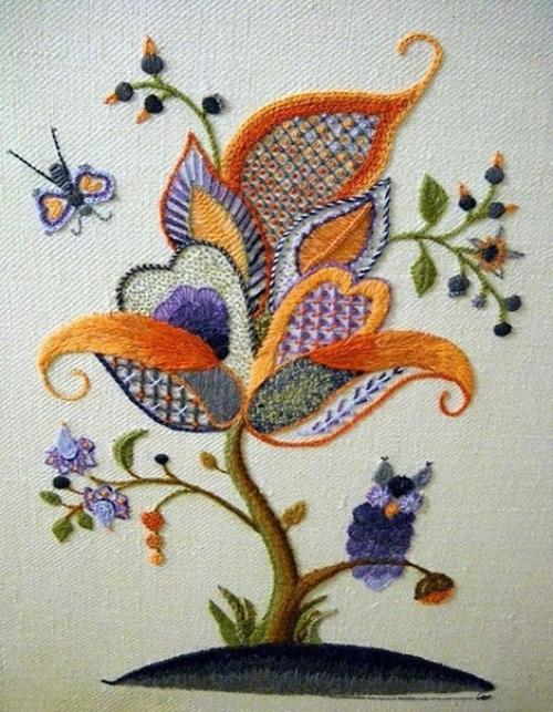 Якобинская вышивка или, как ее еще называют Крюил, стала пользоваться огромной популярностью в Великобритании на стыке 17-го и 18-го веков. 03