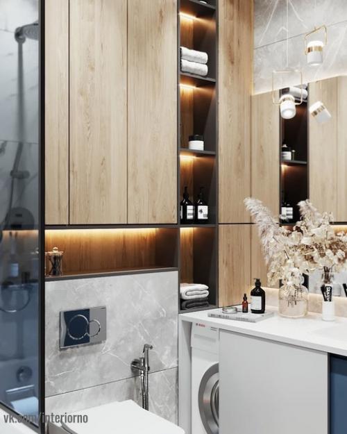 Ванная комната.  В данном проекте было принято решение по смешиванию холодной текстуры мрамора с теплой текстурой дерева! 06
