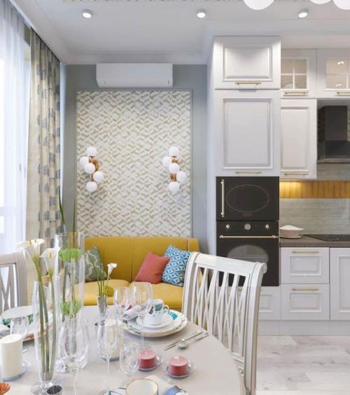 Интерьер кухни - гостиной в нейтральных тонах. 04