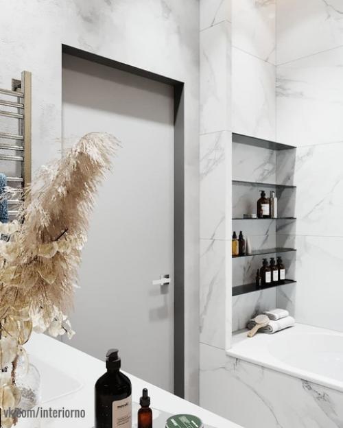 Ванная комната.  В данном проекте было принято решение по смешиванию холодной текстуры мрамора с теплой текстурой дерева! 08