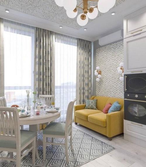 Интерьер кухни - гостиной в нейтральных тонах. 05