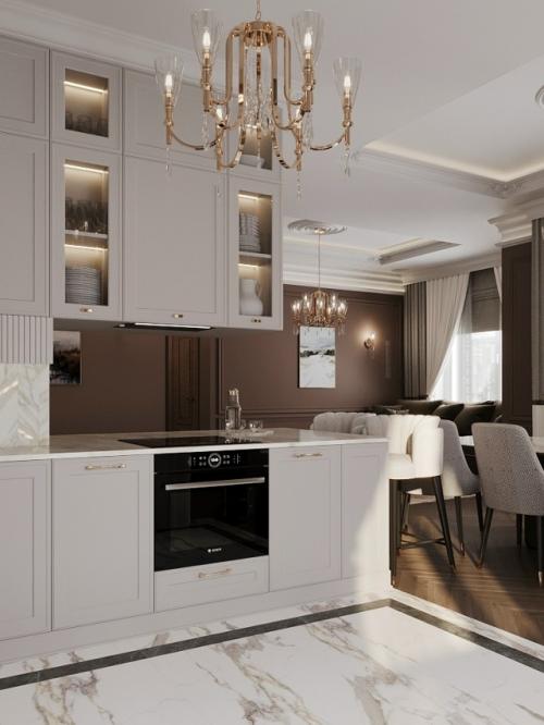 Интерьер в элегантном классическом стиле с современными элементами выполнен.  