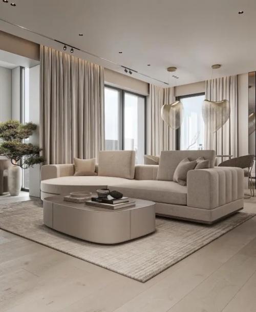 Потрясающий бежевый интерьер кухни - гостиной с маленьким золотыми акцентами. 02