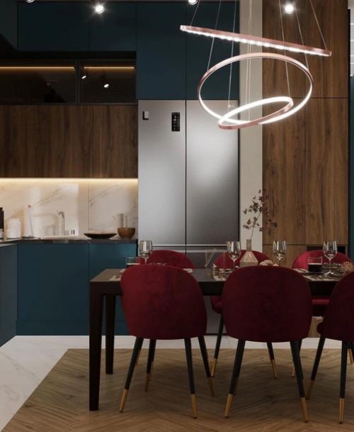 Проект кухни - гостиной с использованием глубоких и сложных цветов. 01