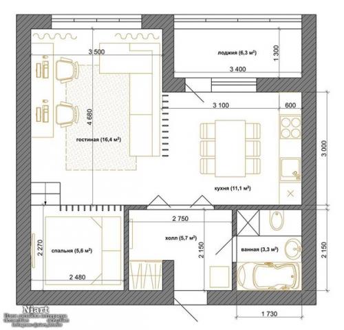 Интерьер однокомнатной квартиры - студии 42 кв. 09