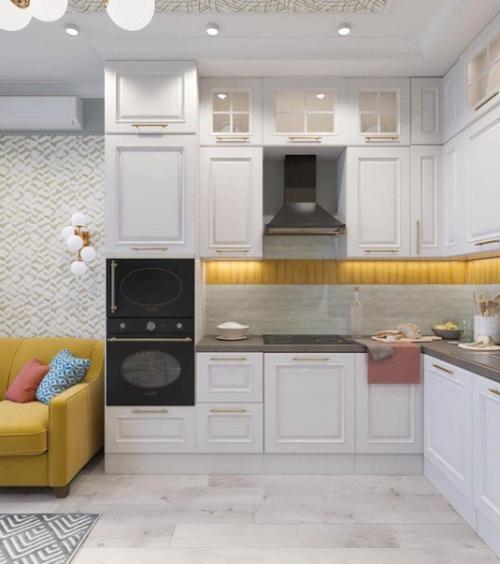 Интерьер кухни - гостиной в нейтральных тонах. 01