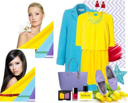 Ярко-желтый сочетания с голубым и фиалковыми цветами. 01