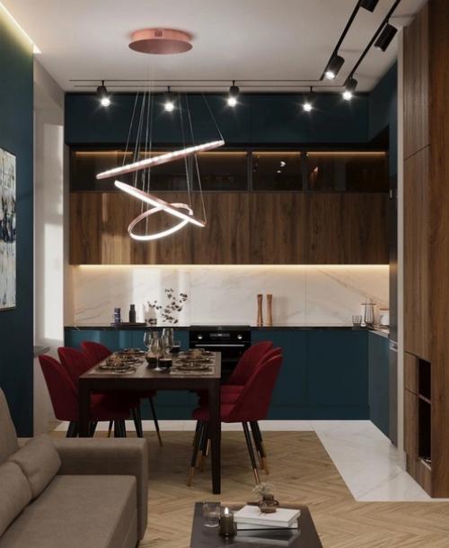 Проект кухни - гостиной с использованием глубоких и сложных цветов. 03