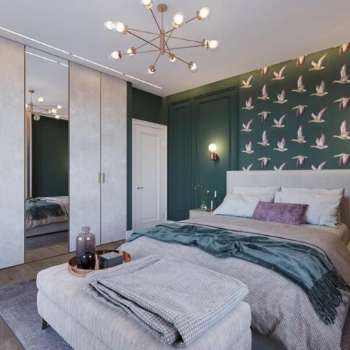 Гуси - гуси.  (Сейчас они в топе) полетели в интерьер спальни в модном зеленом и серо - бежевом цвете. 02
