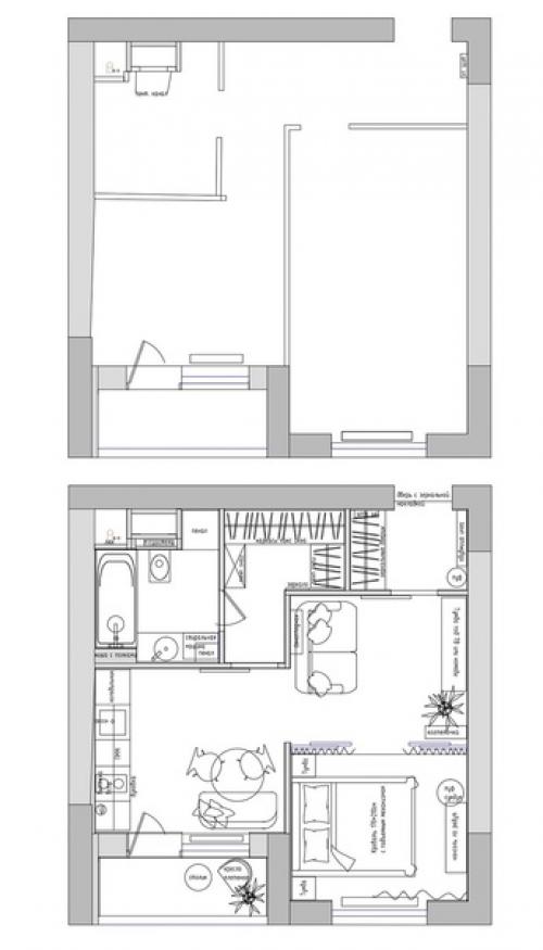 Перепланировка типовой 1-комнатной квартиры 35, 5 кв. 09