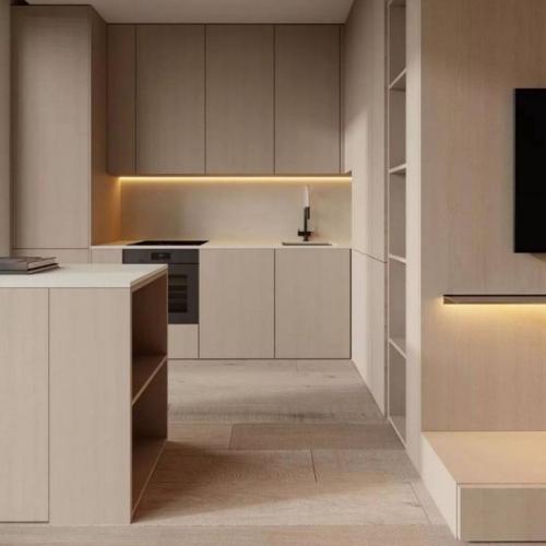 Гостиная переходящая в кухню в светлых тонах. 03