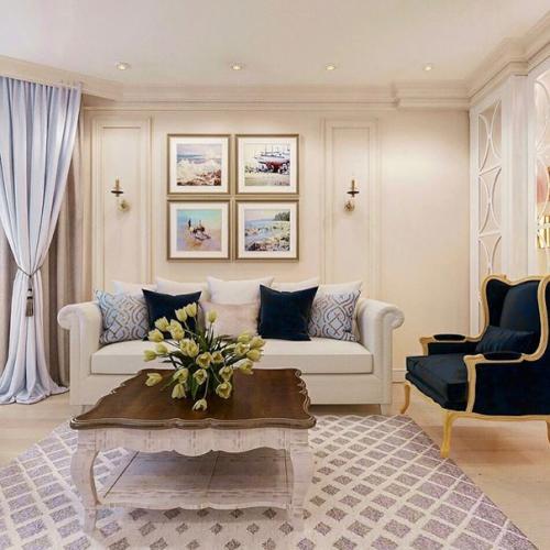 Светлая кухня и гостиная с синими акцентами. 08