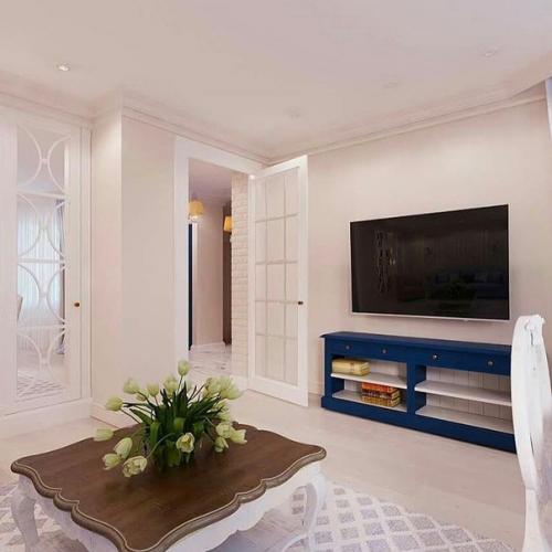 Светлая кухня и гостиная с синими акцентами. 04