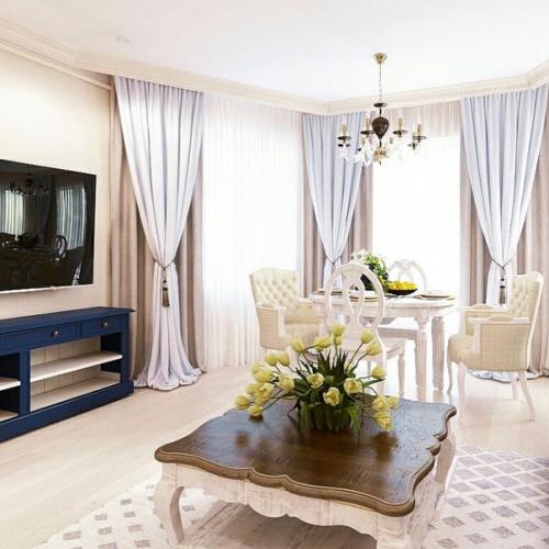 Светлая кухня и гостиная с синими акцентами. 09