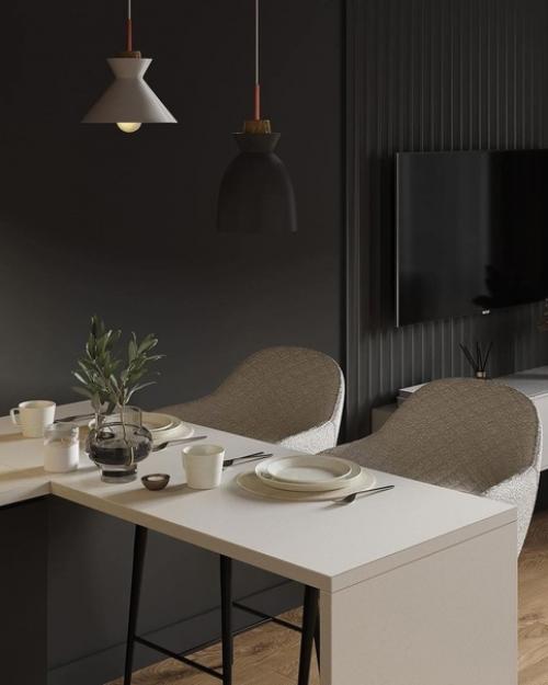 Лаконичный современный интерьер кухни - гостиной в темных тонах. 01