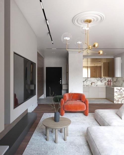 Эстетичный интерьер небольшой кухни - гостиной от дизайнера. 02