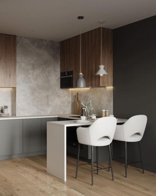 Лаконичный современный интерьер кухни - гостиной в темных тонах. 04