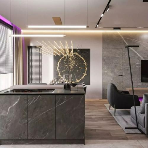 - современная просторная кухня - гостиная со столовои зонои площадью 30 кв. 05