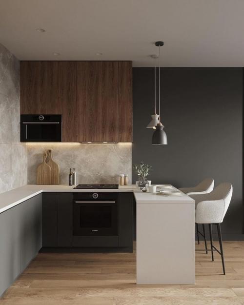 Лаконичный современный интерьер кухни - гостиной в темных тонах. 02
