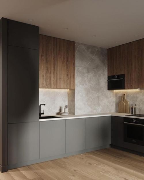 Лаконичный современный интерьер кухни - гостиной в темных тонах. 03