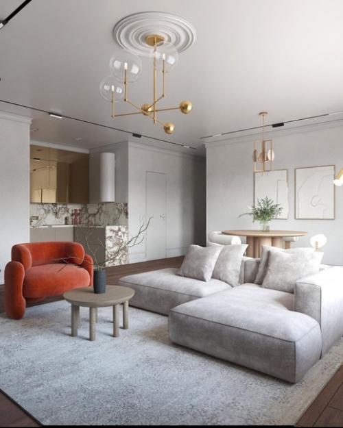 Эстетичный интерьер небольшой кухни - гостиной от дизайнера. 01