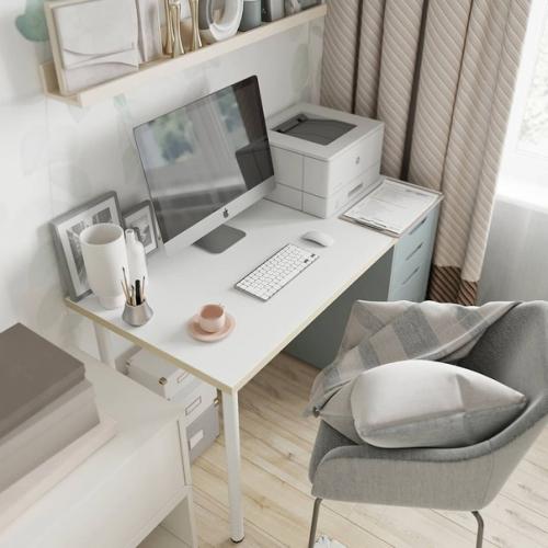 Серый стеллаж, белоснежные полки, деревянный журнальный стол. 06