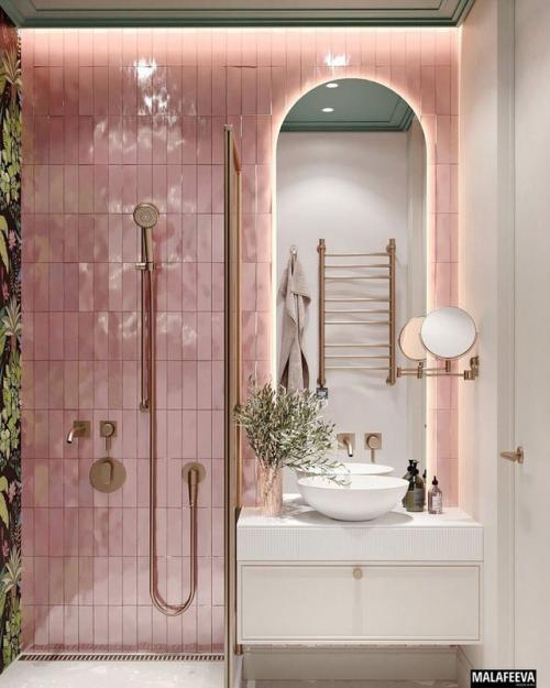 Розовая плитка - свежий акцент в интерьере кухни или ванной. 02