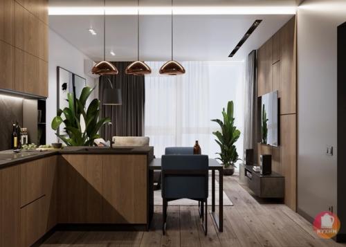 Современный стильный интерьер кухни - гостиной. 02