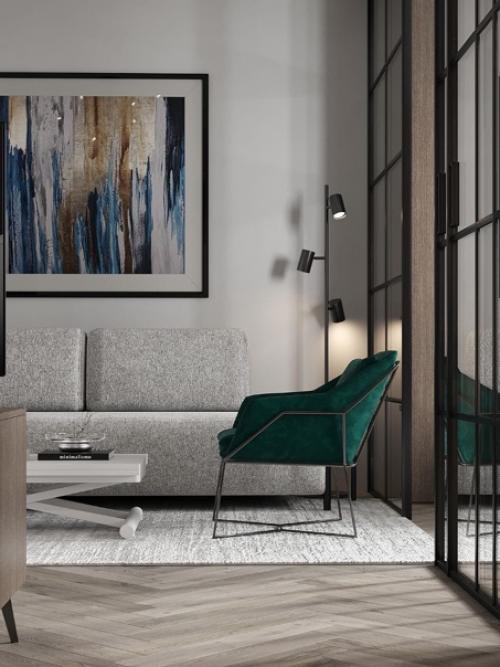 Гостиная в минималистично стиле, базовый интерьер для семьи 50+. 01