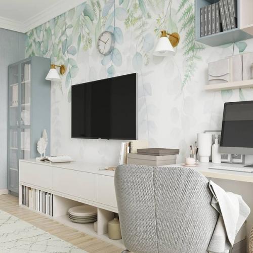 Серый стеллаж, белоснежные полки, деревянный журнальный стол. 05