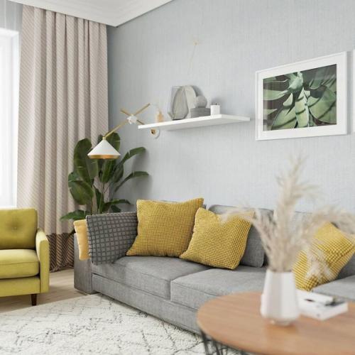 Серый стеллаж, белоснежные полки, деревянный журнальный стол. 03