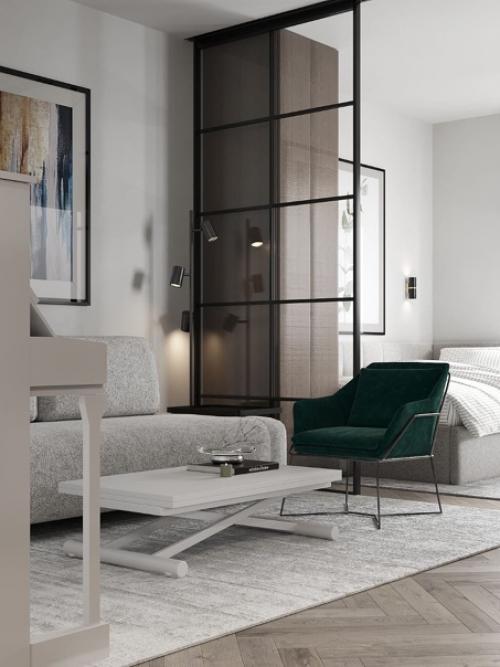 Гостиная в минималистично стиле, базовый интерьер для семьи 50+. 06