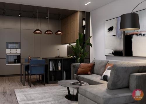 Современный стильный интерьер кухни - гостиной. 03