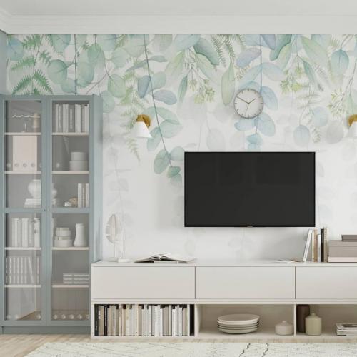 Серый стеллаж, белоснежные полки, деревянный журнальный стол. 04