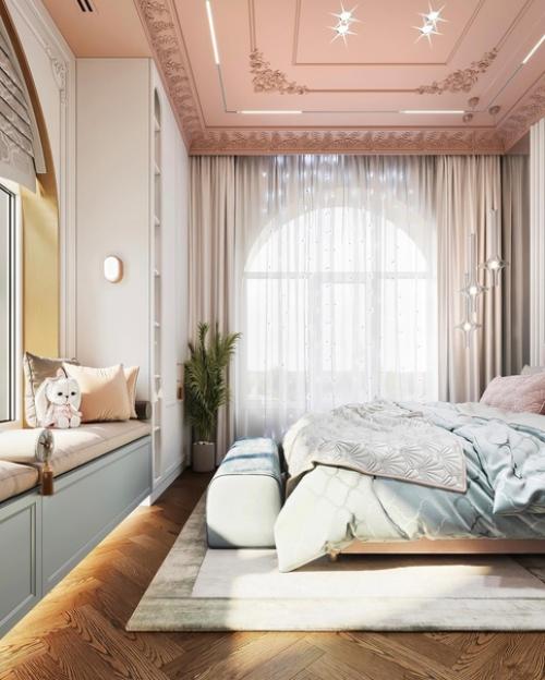 Роскошная детская комната с розовым потолком в современной классике! 02