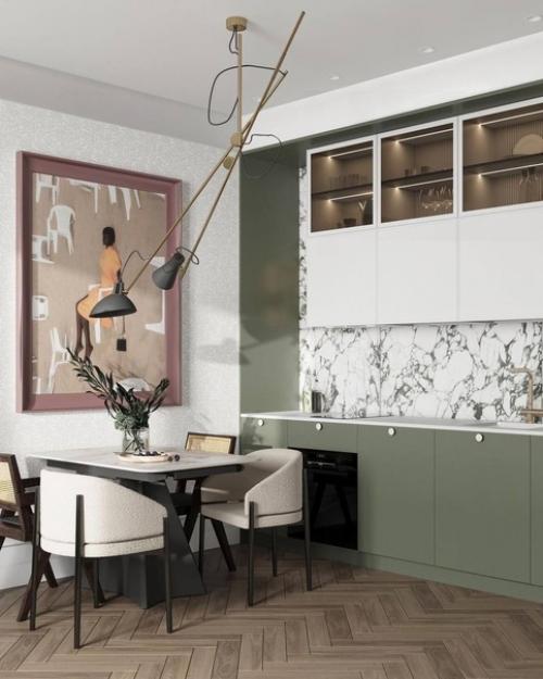 Артистичный, богемный интерьер кухни - гостиной в стиле авангардной классики, иронично обыгранной современностью. 02