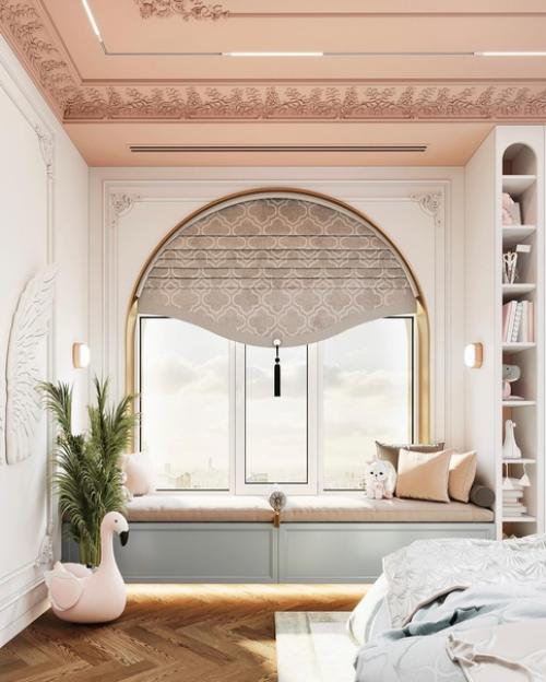 Роскошная детская комната с розовым потолком в современной классике! 03